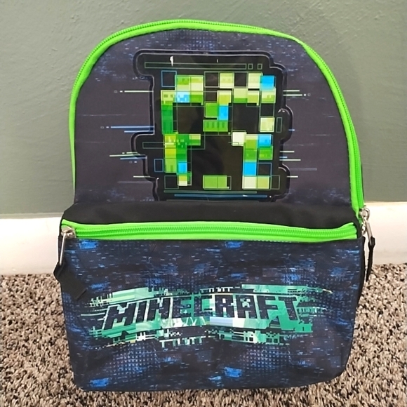 Minecraft Backpack Kid's 11" Small  Green, Blue, Black Bottle Holder Pocket - Picture 1 of 13